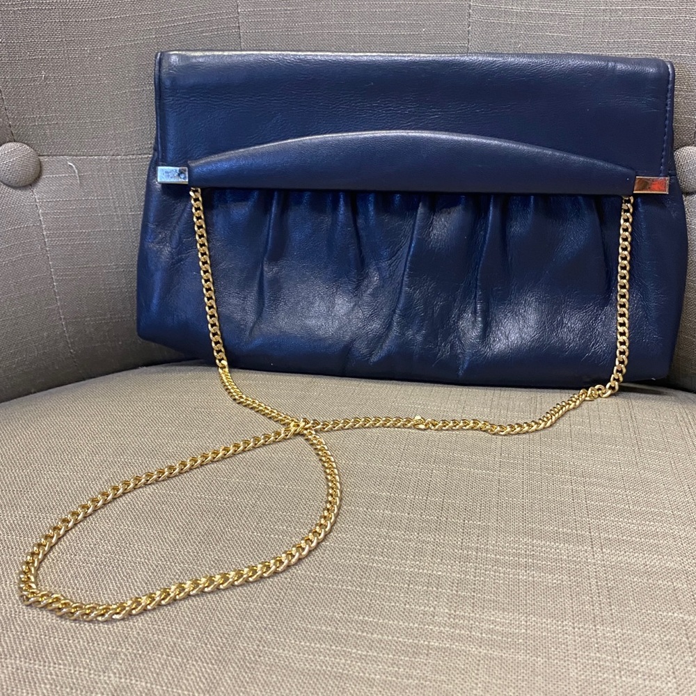 Vintage navy blue leather purse with gold chain and gold clasps